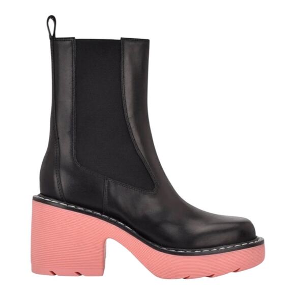 Marc Fisher- BLACK CHUNKY FREDY LUG SOLE BOOTIE- pink bottoms- Size 7 M